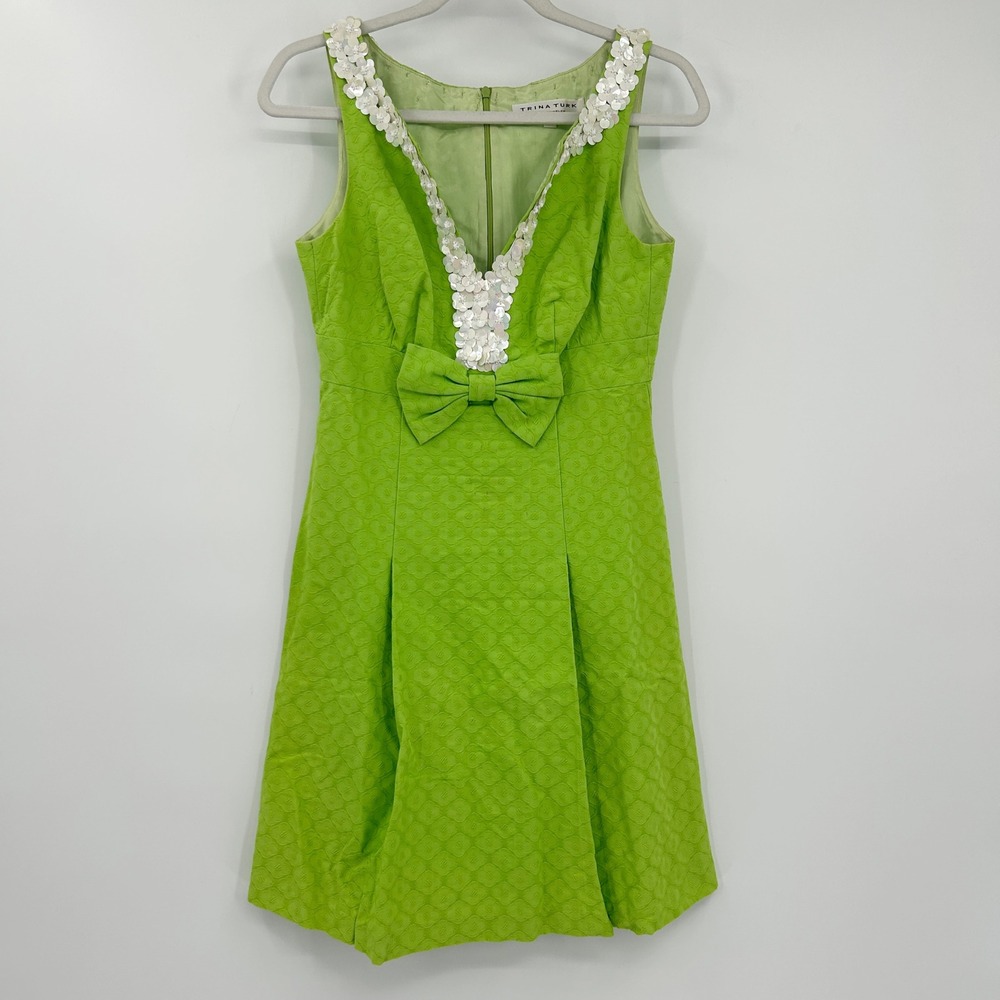 Trina Turk Womens Sequin Bow Fit and Flare Statement Dress Size 4 Brat Green